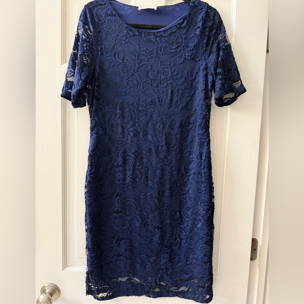 French Grey Navy Blue Lace Sheath Midi Dress Women’s Size Large